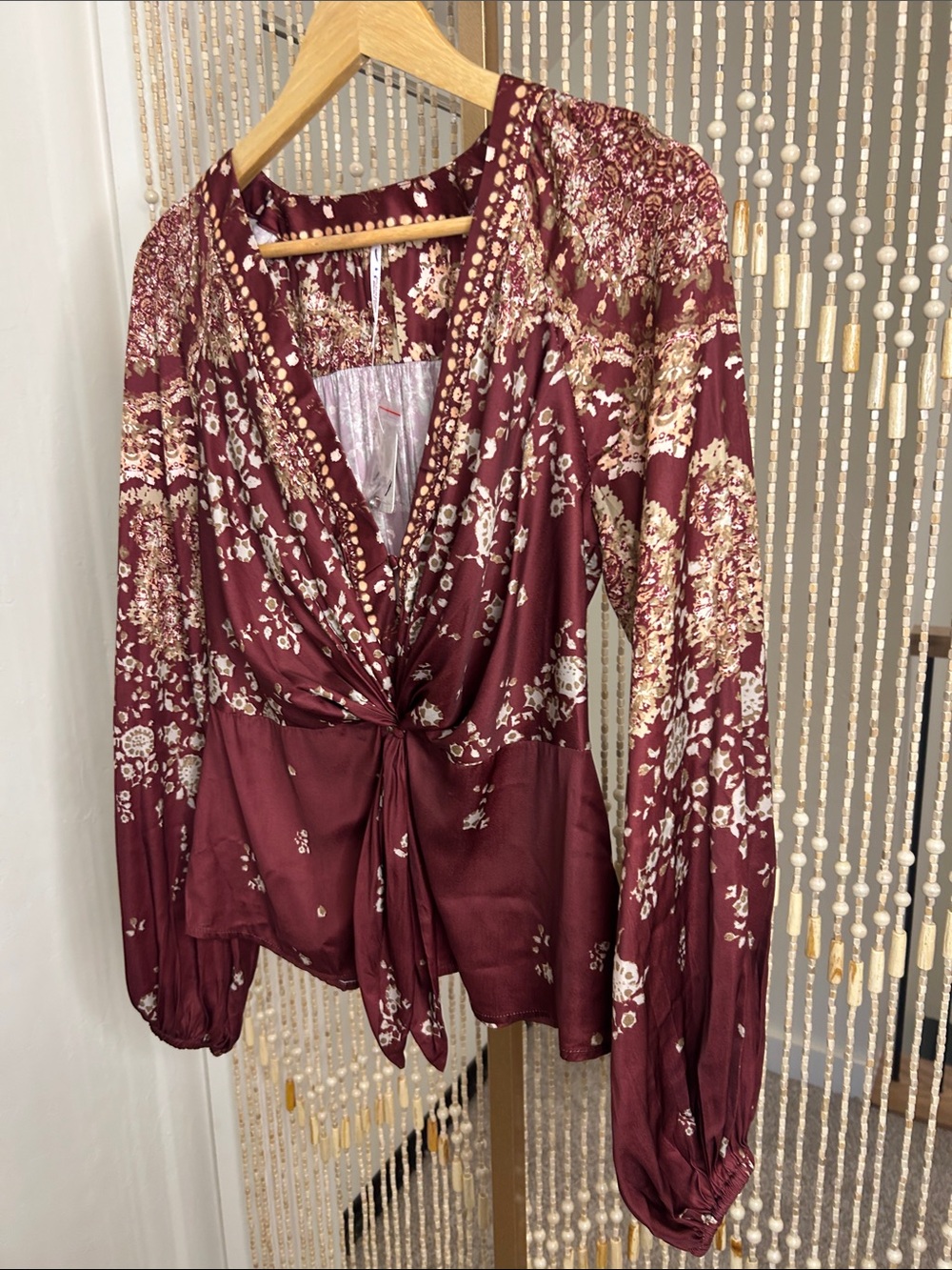 Free People Run Free Burgundy Floral Tie-Front Blouse - Picture 4 of 10